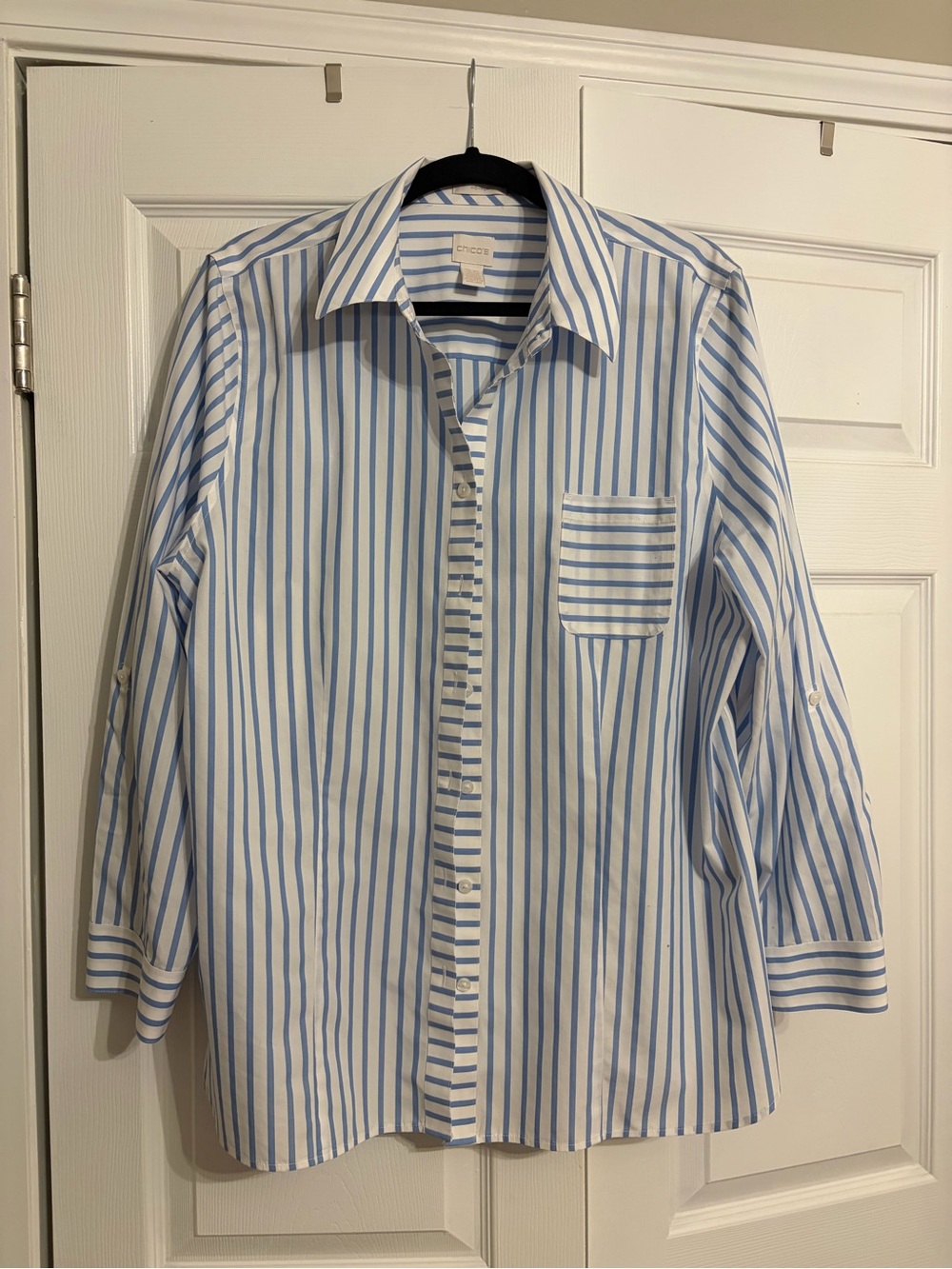 Chico's Blue and White Striped womens no iron Dress Shirt